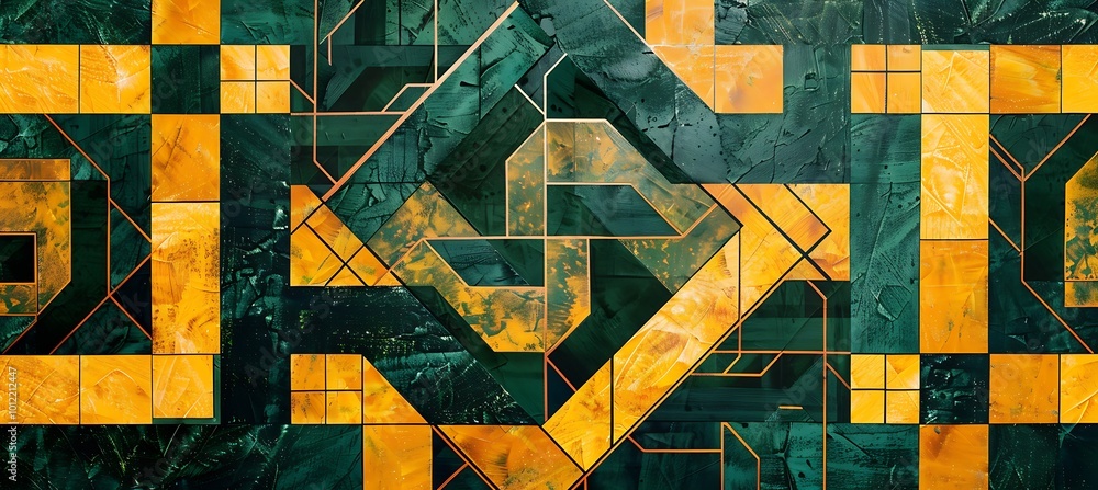Poster vibrant interplay of green and yellow geometric patterns forming a dynamic and energetic abstract ba