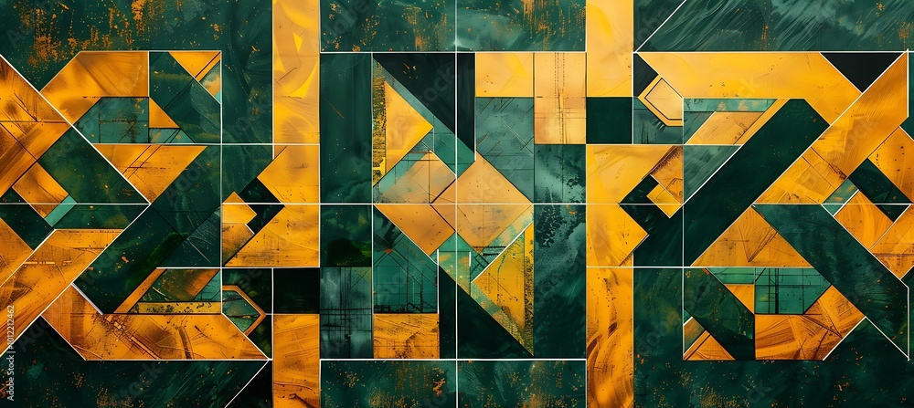 Poster vibrant interplay of green and yellow geometric patterns forming a dynamic and energetic abstract ba