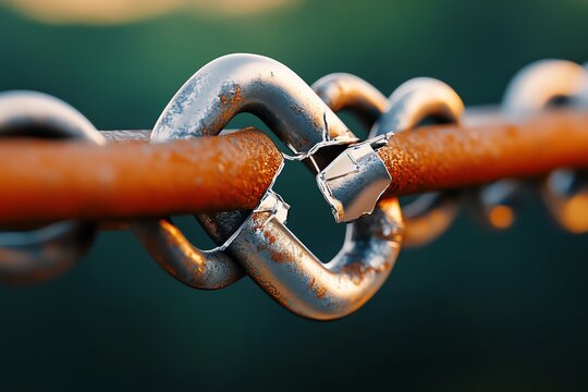 A broken chain link in a rusted fence, symbolizing the failure to maintain important connections and the mistakes that led to severed ties