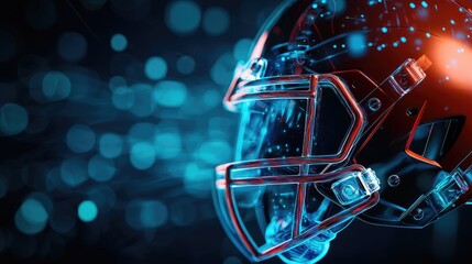 Fototapeta premium Shiny football helmet on a dark illuminated background with blue bokeh lights.