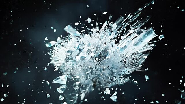 Dynamic slow-motion shattering of glass or ice, fragments flying in all directions