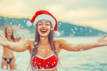 Obraz premium Joyful woman in santa hat enjoying a beach christmas celebration