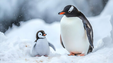 Obraz premium Cute Penguin Chick and Parent in Snow Realistic Photo