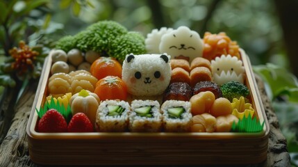 Colorful bento box filled with cute sushi and vegetables