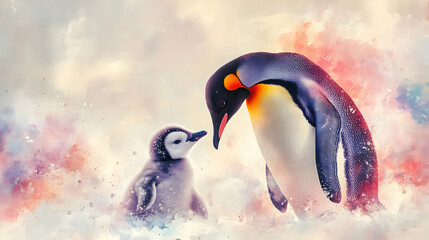 Watercolor Painting of a Penguin and Chick