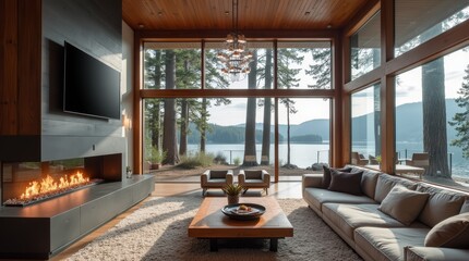 Obraz premium Modern living room overlooking a serene lake and forest with burning fireplace