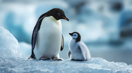 Fototapeta premium Adult Penguin and Chick on Iceberg - Realistic Wildlife Photo