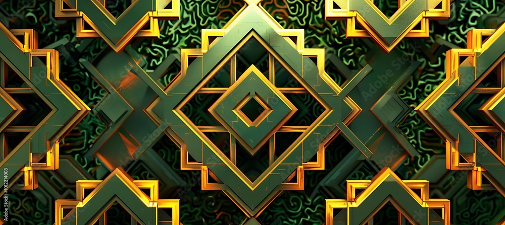 Poster abstract geometry in green and yellow tones, showcasing a bold composition of angular shapes and ene
