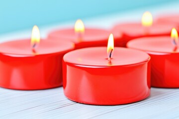 Red tealight candles burning on white wooden surface with pastel blue background