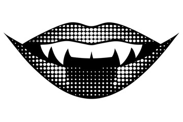 Halftone vampire teeth, lips. Vector drawing from dots, collage element, Halloween.