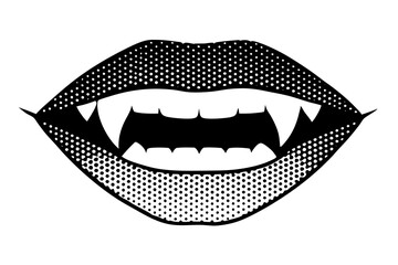 Halftone vampire teeth, lips. Vector drawing from dots, collage element, Halloween.