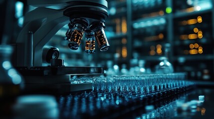 A close-up of a microscope in a laboratory with rows of vials.