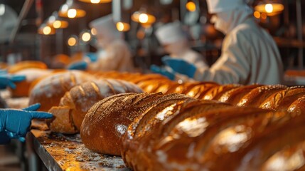 Bakers preparing fresh bread loaves in a bakery at night