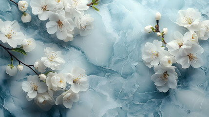 White Cherry Blossoms on Blue Marble Background - Illustration