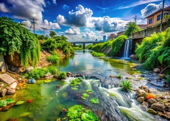 Fototapeta premium Feculent Water Surrounded by Greenery Highlighting Environmental Pollution and Water Quality Issues