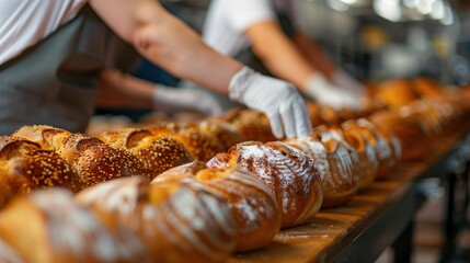 Bakers preparing fresh loaves in a busy bakery kitchen