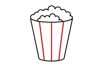   Vector illustration of a red and white cardboard bucket with popcorn line art