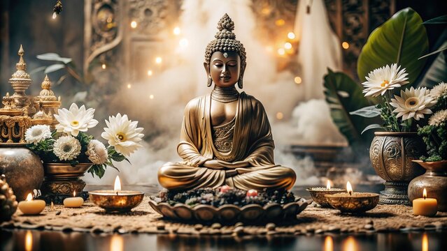 Happy Vesak Day, Buddha Purnima wishes greetings with buddha and lotus illustration. Can be used for poster, banner, logo, background, greetings, print design. abstract illustration design.