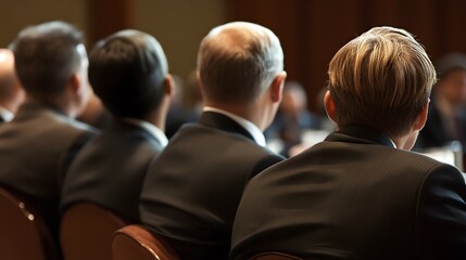 Rear View of Men in Suits Attending a Meeting or Conference