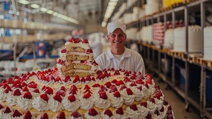 Large cake preparation in a bakery with smiling baker