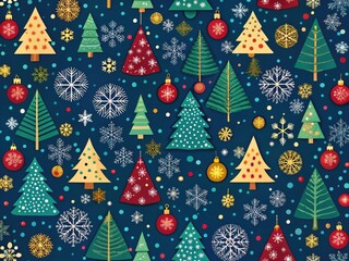 Festive Christmas Wallpaper Pattern with Snowflakes, Trees, and Ornaments in Vibrant Colors