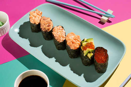 Assorted Gunkan Sushi Rolls with Fresh Seafood Toppings