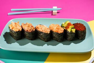 Assorted Gunkan Sushi Rolls with Fresh Seafood Toppings