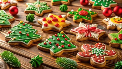 Festively Decorated Christmas Sugar Cookies on a Wooden Table Ready for Holiday Celebrations