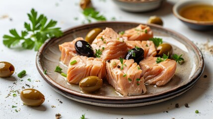 Delicious salmon dish with olives and herbs on a plate