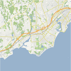 Map of Fairfield in Connetticut in a normal road map style. Contains layered vector with roads water, parks, etc.