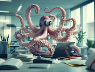 Obraz premium Octopus is working on a laptop at a messy desk in a modern office