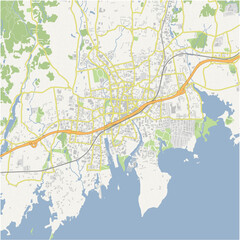 Map of Stamford in Connecticut in a normal road map style. Contains layered vector with roads water, parks, etc.