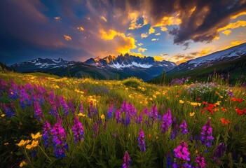 vibrant wildflowers flourishing breathtaking mountain backdrop showcasing colors natural beauty, bloom, blossom, flora, meadow, garden, landscape, nature