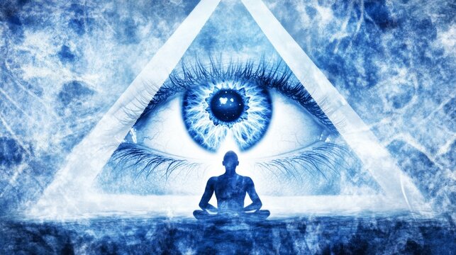 Man is meditating in front of a giant eye surrounded by a triangle