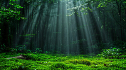 Obraz premium Rays of light on a clearing in an enchanted forest