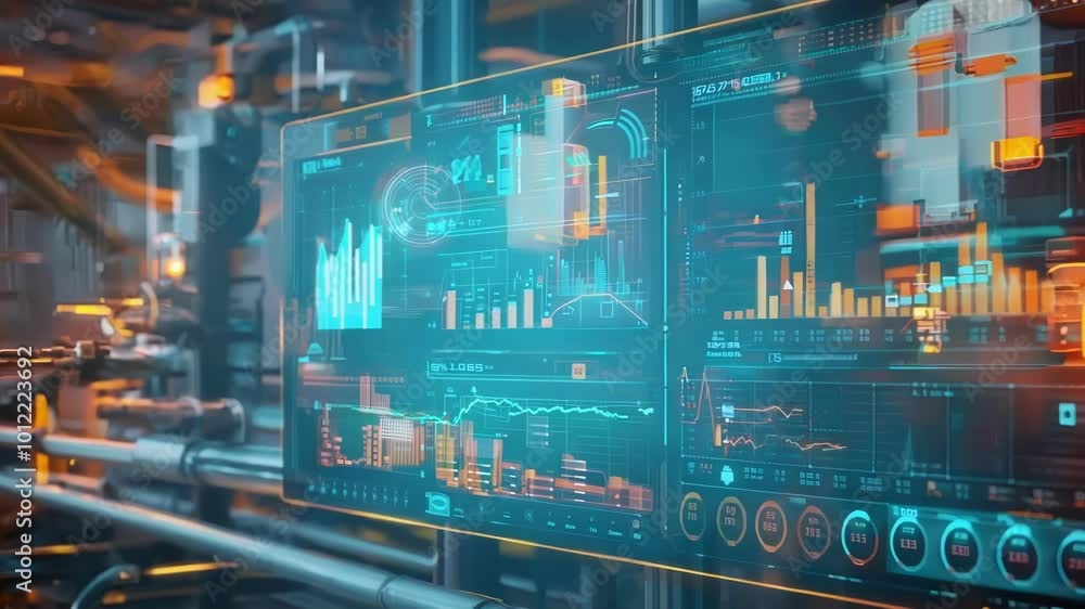 Poster large digital screen displays various graphs and charts, providing real time insights into the perfo