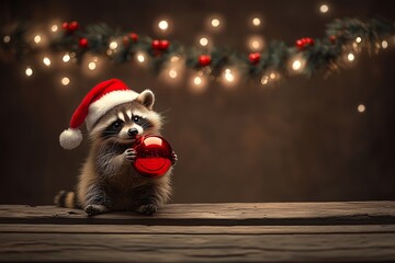 Adorable raccoon wearing a festive Santa hat, sitting on a rustic wooden surface while holding a shiny red Christmas ornament.