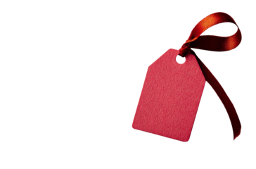 Red heart-shaped tag with a ribbon on a plain white background