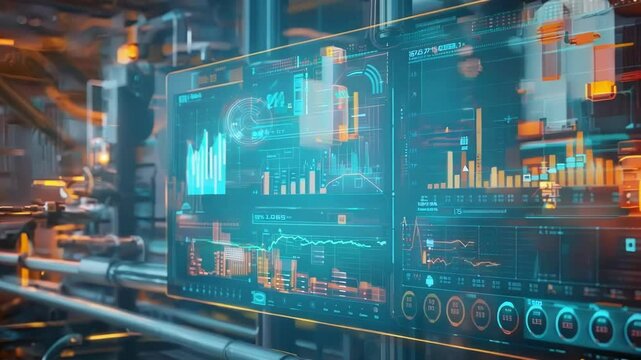 Large digital screen displays various graphs and charts, providing real time insights into the performance and efficiency of the factory operations