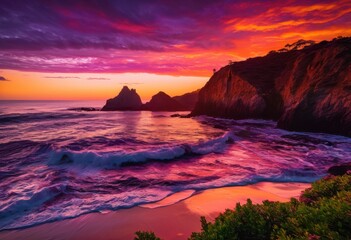 breathtaking coastal sunset vibrant colors reflecting waves scenery, beach, ocean, horizon, sky, tropical, landscape, nature, water, evening, clouds