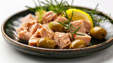 Deliciously seasoned salmon with olives and lemon wedges
