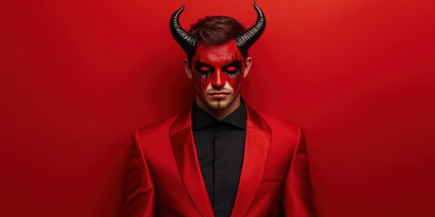 man wearing devil halloween costume, solid background, copy space 