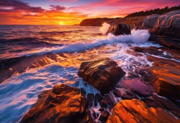 Fototapeta premium vibrant waves crashing rocky shoreline during stunning sunset creating vivid display colorful skies sea foam, beach, coastline, ocean, rocks, colors, sky
