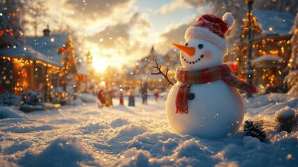 Obraz premium A cheerful snowman stands in a snowy village with a sunset in the background. There are other figures in the distance.