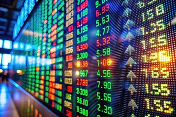 Financial Market Ticker Display with Stock Prices and Index Information on Digital Screen Background