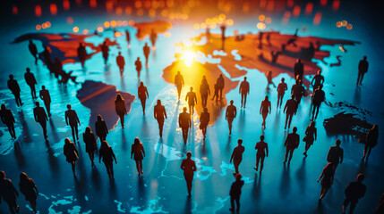 crowd of people walking on a world map, abstract illustration, concept of global life, migration