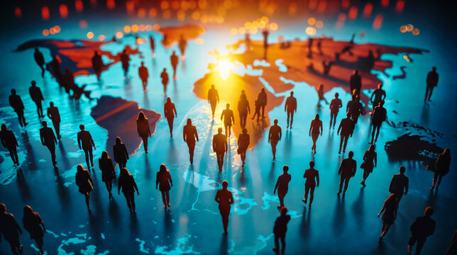 crowd of people walking on a world map, abstract illustration, concept of global life, migration