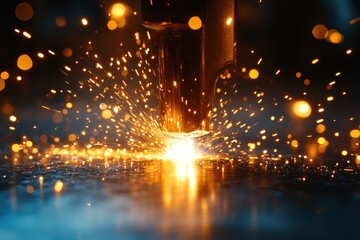 Close-up of a welding torch creating a shower of sparks and light on a dark background.