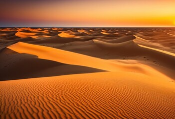 Naklejka premium expansive sandy dunes bathed vibrant sunset hues rich colors gradually blending sky, desert, landscape, nature, scene, vibrancy, light, shadow, twilight