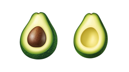 Fresh avocado halves showcasing the vibrant green flesh and single seed on white background